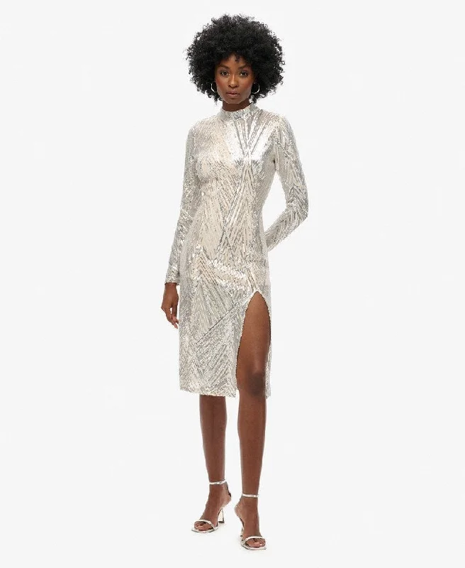 Open Back Ls Midi Dress | Silver Sequin Cozy Spaghetti Strap Midi Dress