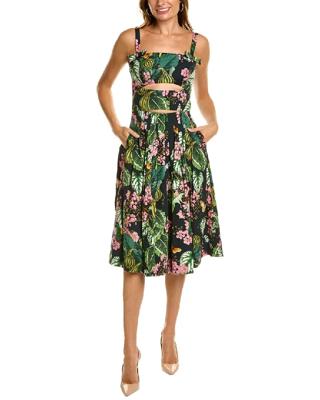 Oscar de la Renta Cutout Mixed Botanical Midi Dress Fashionable Floral Embroidery Midi Dress