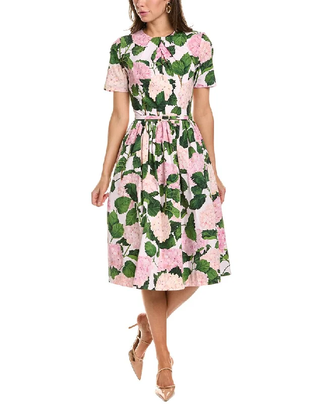 Oscar de la Renta Hydrangea Print Midi Dress Trendy Long Sleeve Midi Dress