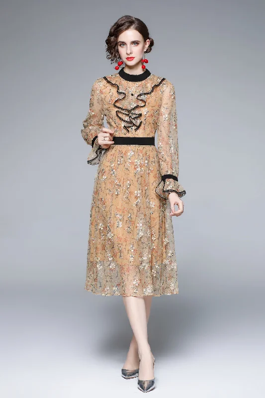 Pale orange Evening Lace Ruffled A-line Crewneck Long Sleeve Midi Dress Elegant Pleated Sleeve Midi Dress