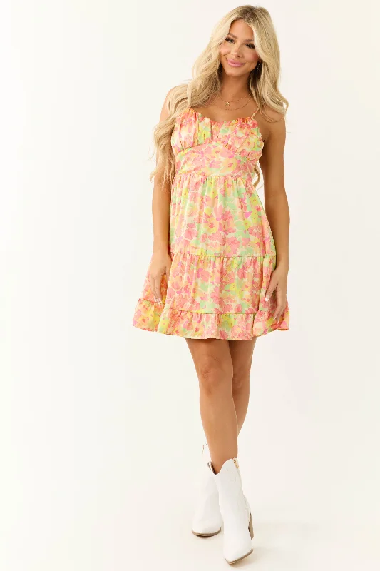 Pastel Yellow Floral Print Satin Mini Dress Elegant Satin Mini Dress