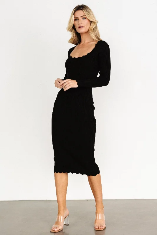 Percy Scalloped Midi Dress | Black Fashionable Sheer Sleeve Midi Dress