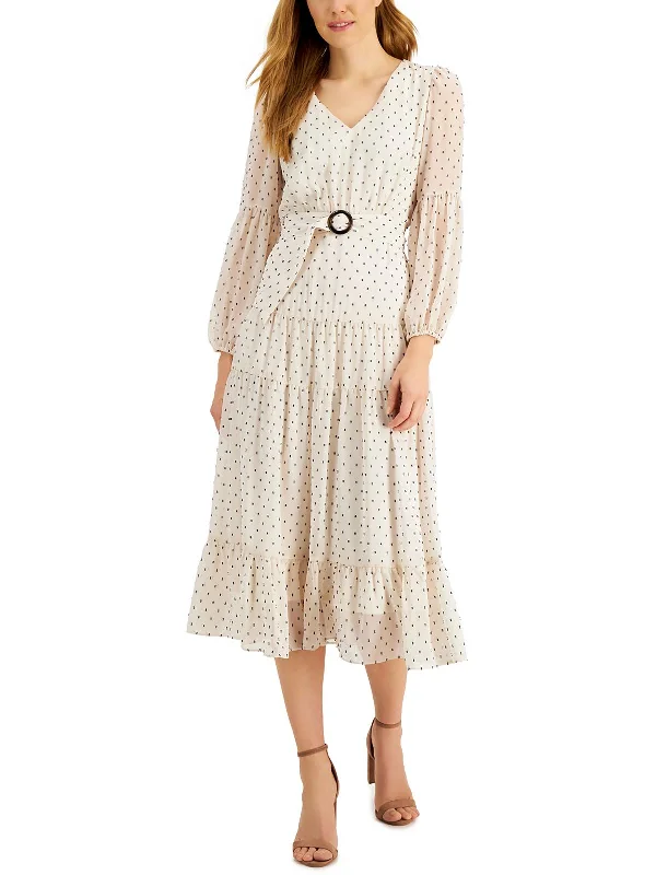 Petites Womens Chiffon Long Sleeves Midi Dress Trendy Smocked Detail Midi Dress