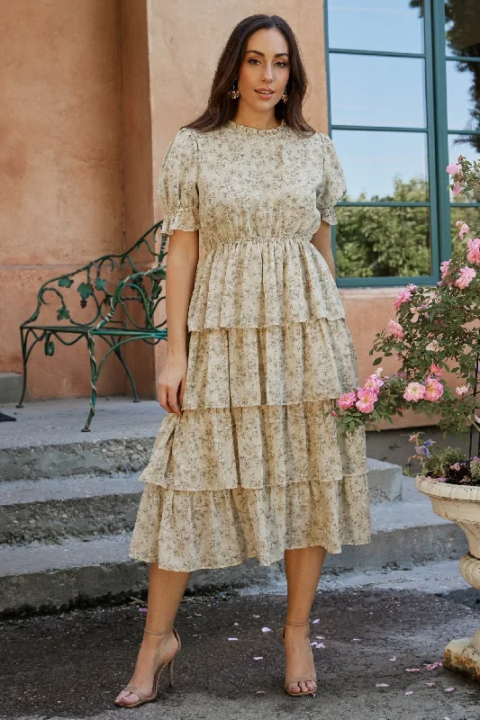 Pia Tiered Midi Dress | Light Sage Floral Elegant Puff Sleeve Midi Dress