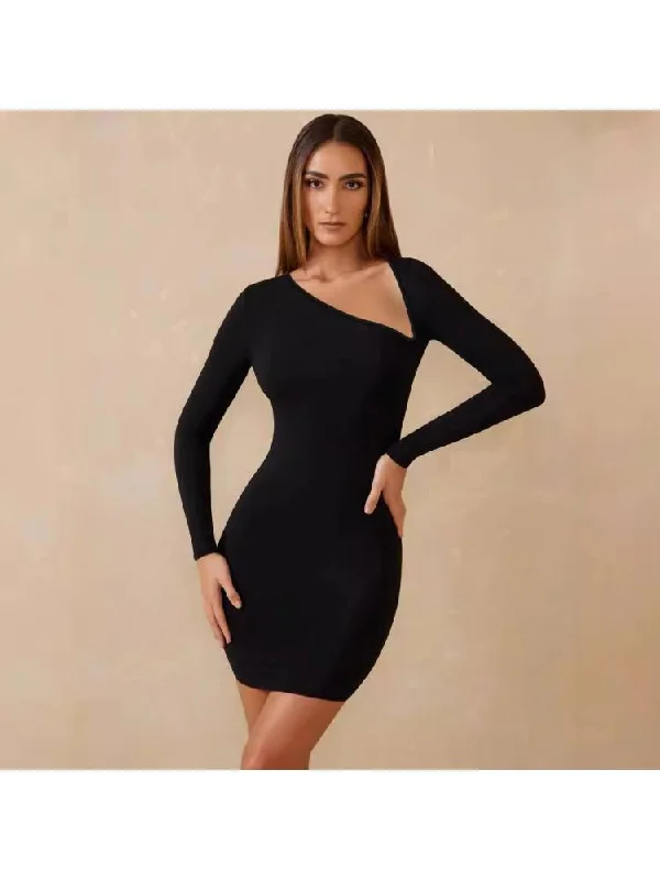 Plain Irregular Fitted Long Sleeves Mini Dress Fashionable Denim Mini Dress
