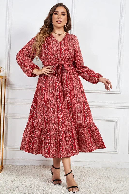 Plus Size Tie Belt V-Neck Balloon Sleeve Midi Dress Comfortable Floral Print Midi Dress