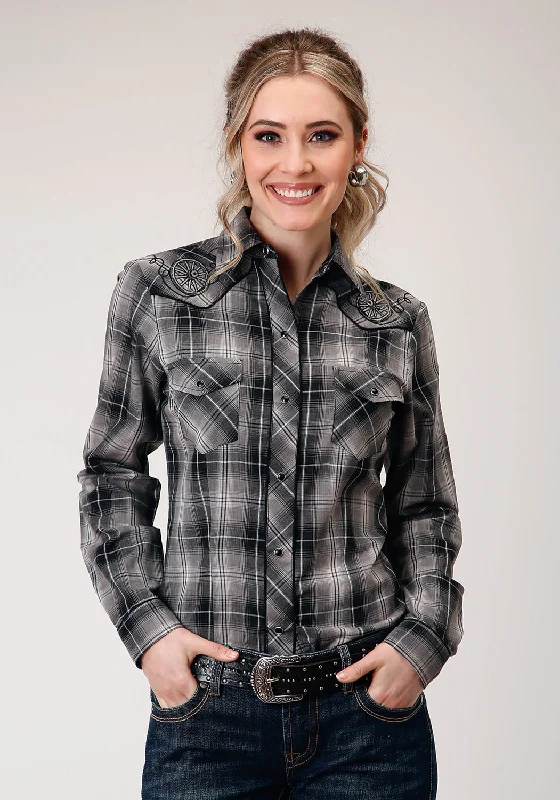 Roper Womens 1212 Plaid Black/Grey Cotton Blend L/S Shirt Cozy Loose Fit Short Sleeve