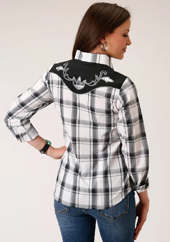 Roper Womens 1505 Plaid Black/Grey Cotton Blend L/S Shirt Stylish Short Sleeve Top