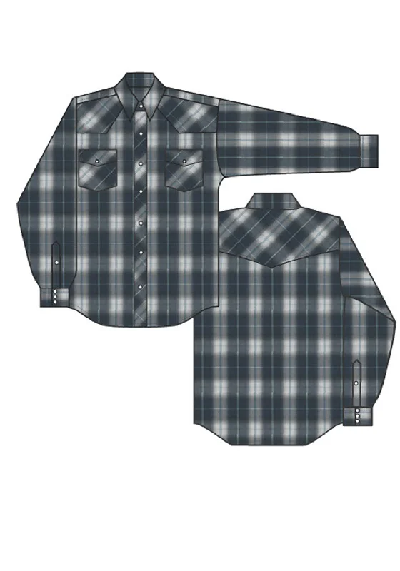 Roper Womens 1509 Large Scale Plaid Navy/Grey Cotton Blend L/S Shirt Fashionable Pleated Short Shirt