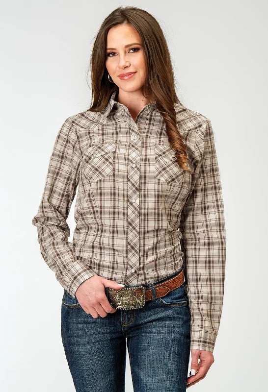 Roper Womens 1968 Desert Plaid Brown Cotton Blend L/S Shirt Fashionable Draped Short Sleeve