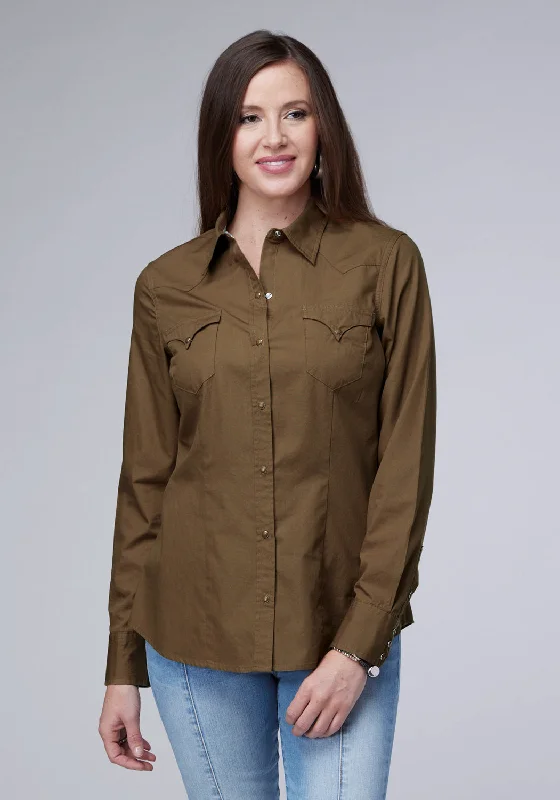 Roper Womens 2044 Solid Poplin Cocoa 100% Cotton L/S Shirt Casual Button-Down Short Shirt