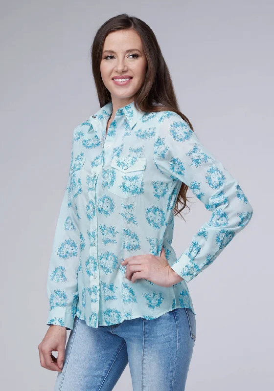 Roper Womens 2066 Floral Print Blue Cotton Blend L/S Shirt Fashionable Short Sleeve Shirt