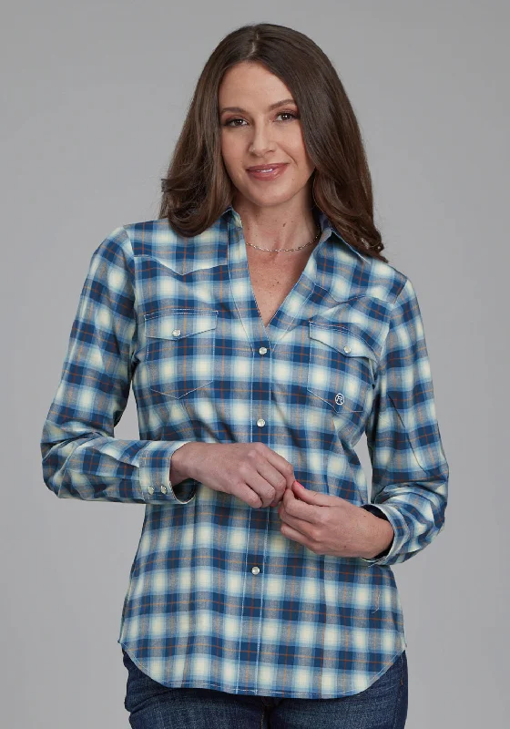 Roper Womens 2164 Stretch Plaid Blue Cotton Blend L/S Shirt Modern Fit Short Sleeve