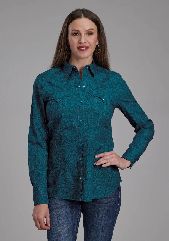 Roper Womens 2167 Tonal Paisley Green 100% Cotton L/S Shirt Comfortable Graphic Short Sleeve