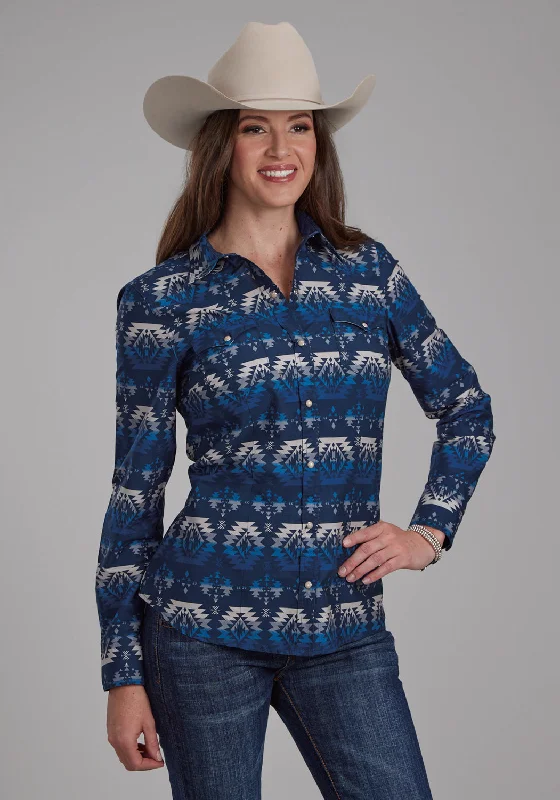 Roper Womens 2168 Ombre Aztec Blue 100% Cotton L/S Shirt Comfortable Graphic Short Sleeve