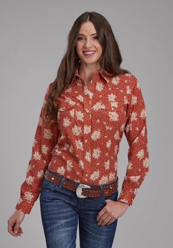 Roper Womens 2282 Floral Orange/Cream Cotton Blend L/S Shirt Stylish Printed Short Shirt