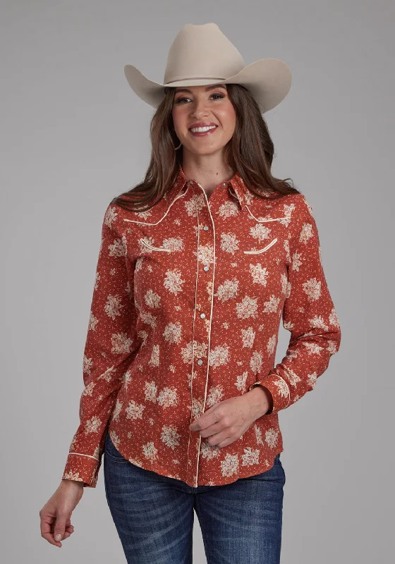 Roper Womens 2282 Floral Orange/Cream Cotton Blend Retro L/S Shirt Elegant Draped Short Sleeve