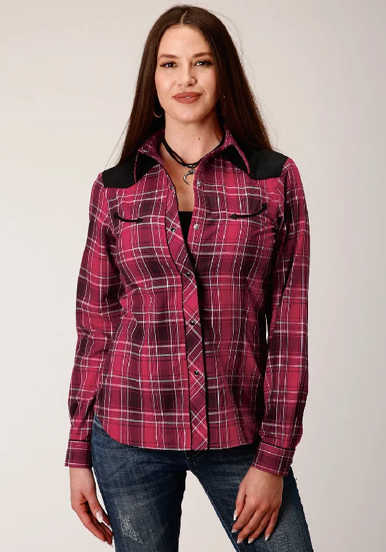 Roper Womens 820 Bright Plaid Red Cotton Blend Retro L/S Shirt Relaxed Fit Short Blouse