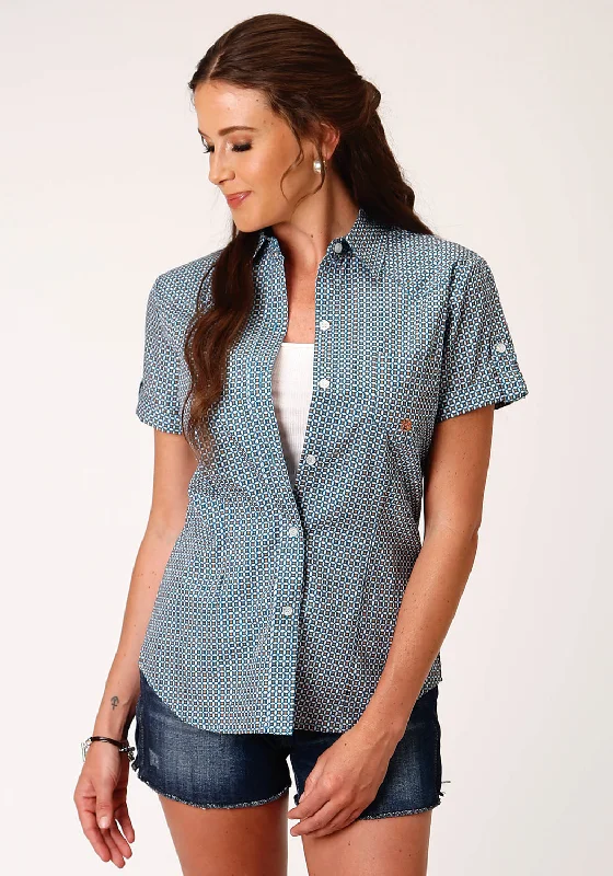 Roper Womens Blue 100% Cotton Geo BD S/S Button Shirt Comfortable Short Sleeve Tee