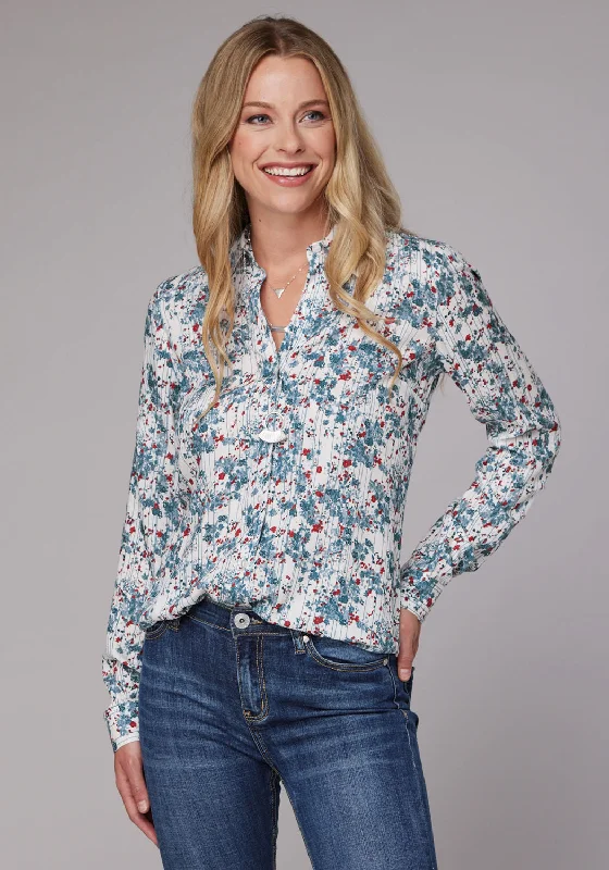 Roper Womens Ditzy Floral White/Blue 100% Rayon L/S Shirt Elegant High-Low Short Shirt