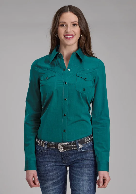 Roper Womens Fill Solid Poplin Teal 100% Cotton L/S Shirt Chic Button-Up Short Shirt