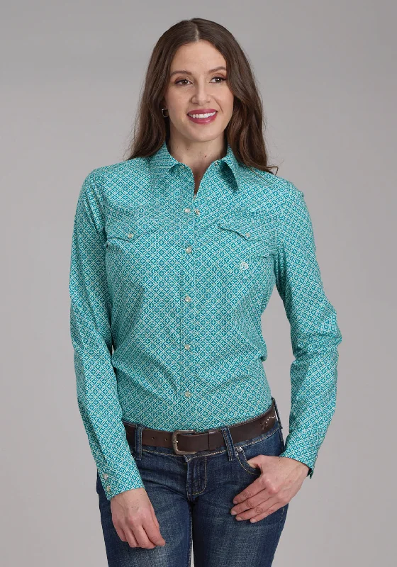 Roper Womens Four Point Foulard Turquoise Cotton Blend L/S Shirt Classic Short Sleeve Blouse