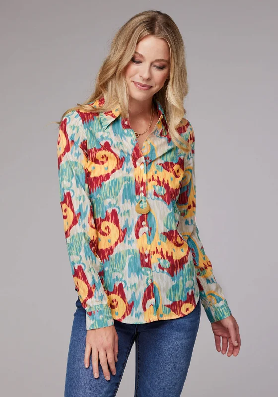 Roper Womens Ikat Paisley Print Multi-Color 100% Polyester L/S Shirt Elegant Draped Short Sleeve