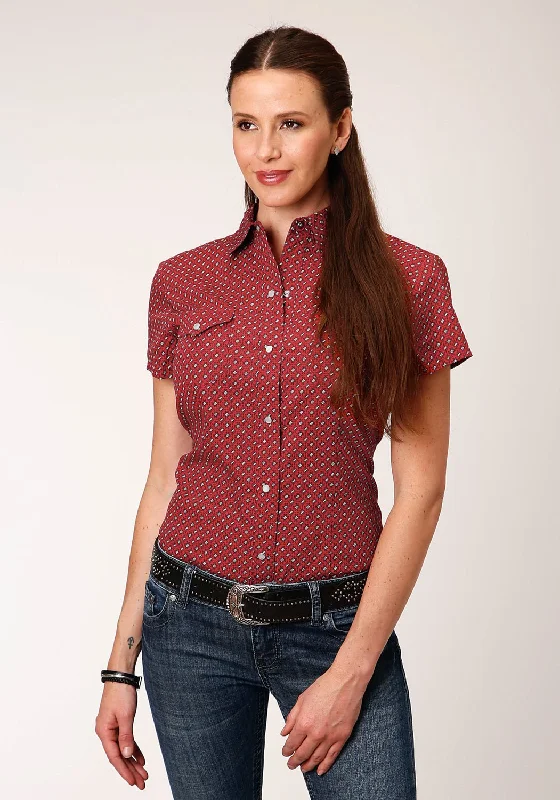 Roper Womens Red 100% Cotton Victorian Foulard S/S Shirt S Fashionable Sheer Short Shirt