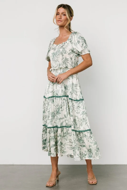 Ruthie Tiered Midi Dress | Green Print Stylish Silk Midi Dress