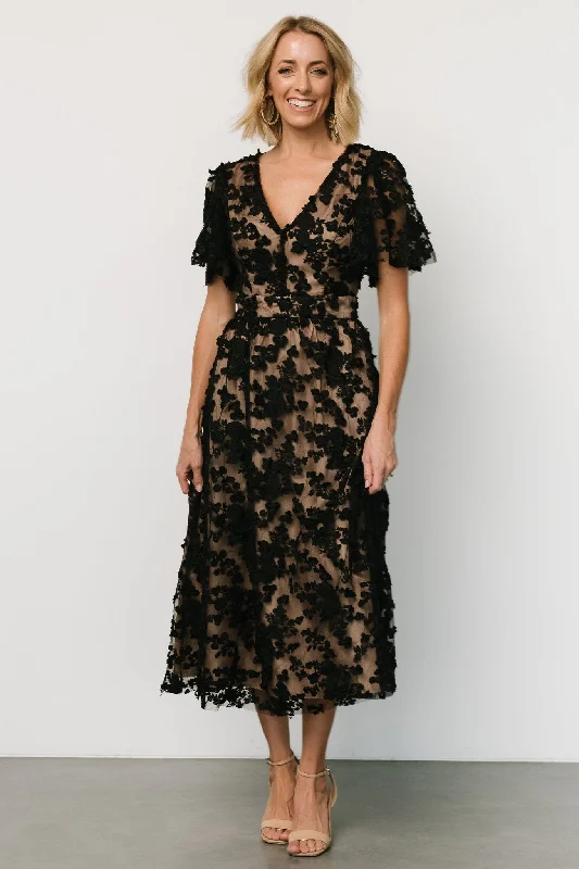 Sadie Embroidered Midi Dress | Black + Nude Comfortable Wrap Midi Dress