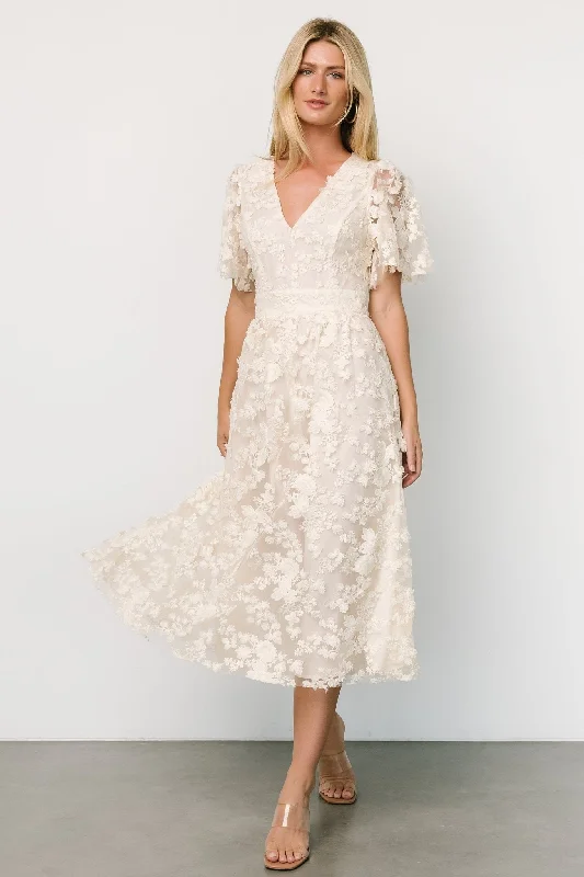 Sadie Embroidered Midi Dress | Vintage Cream Fashionable High-Low Midi Dress