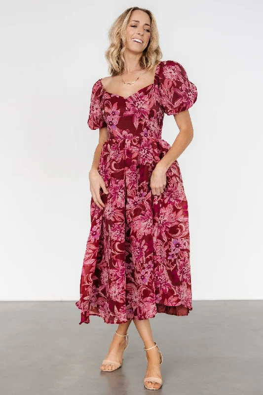 Samara Midi Dress | Rust + Pink Elegant Faux Wrap Midi Dress