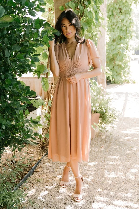 Sarah Smocked Midi Dress | Dusty Camel Cozy A-Line Midi Dress