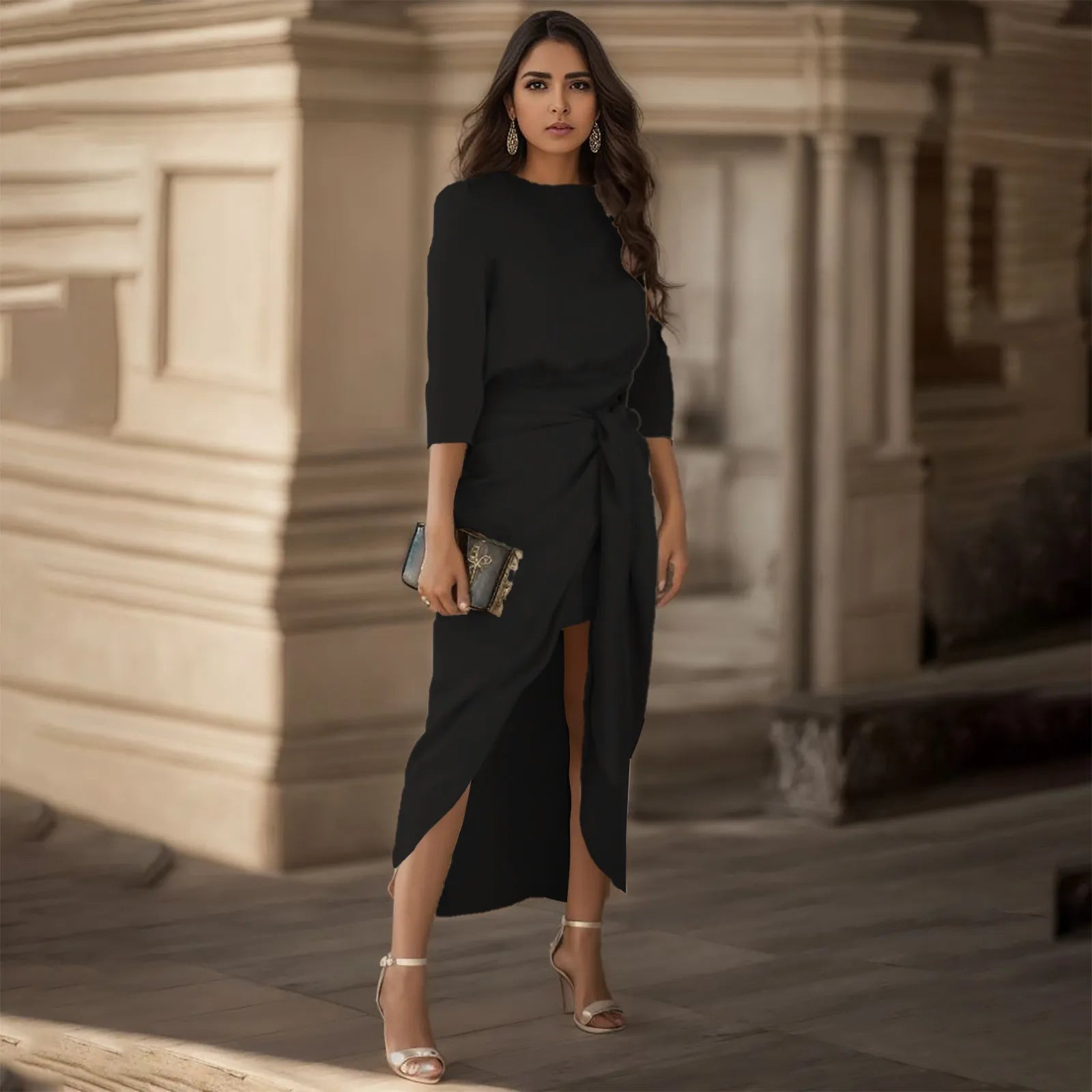 DressBetty - 2024 Satin Elegance Long Sleeve Tie Waist Side Slit Midi Dress Fashionable Polka Dot Midi Dress
