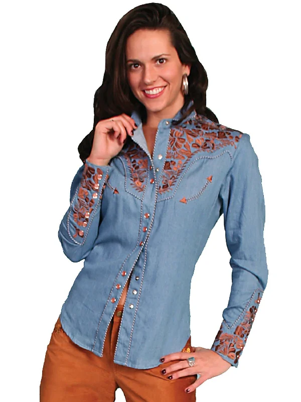 Scully Western Womens Blue Polyester L/S Floral Stitch Western Shirt S Relaxed Fit Short Blouse