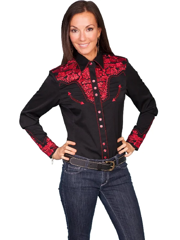 Scully Western Womens Crimson Polyester L/S Floral Stitch Western Shirt Elegant Button-Down Short Shirt