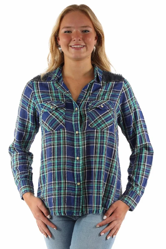 Scully Womens Airy Plaid Yokes Blue Rayon Blend L/S Shirt Elegant Longline Short Shirt