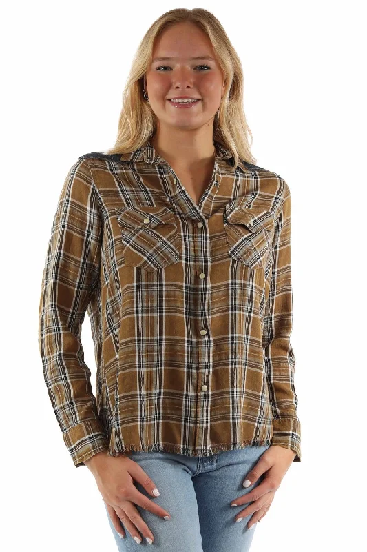 Scully Womens Airy Plaid Yokes Brown Rayon Blend L/S Shirt Trendy Ruffled Short Sleeve