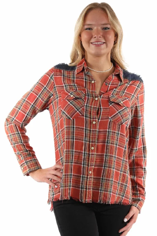 Scully Womens Airy Plaid Yokes Red Rayon Blend L/S Shirt Soft Cotton Short Tee