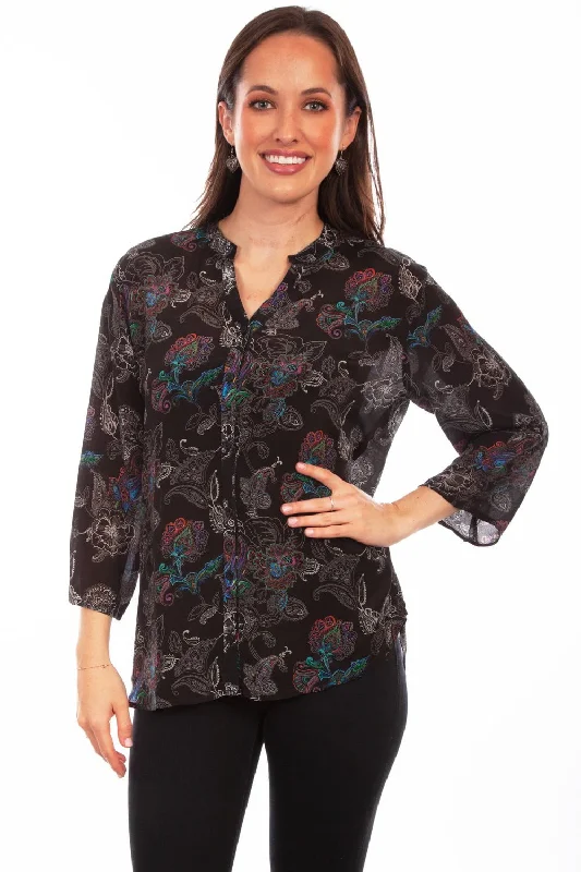 Scully Womens Black Multi Rayon Paisley S/S Shirt Soft Cotton Short Shirt