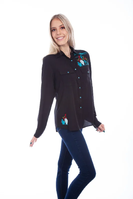 Scully Womens Cactus Embroidered Black 100% Viscose L/S Shirt Elegant Silk Short Shirt