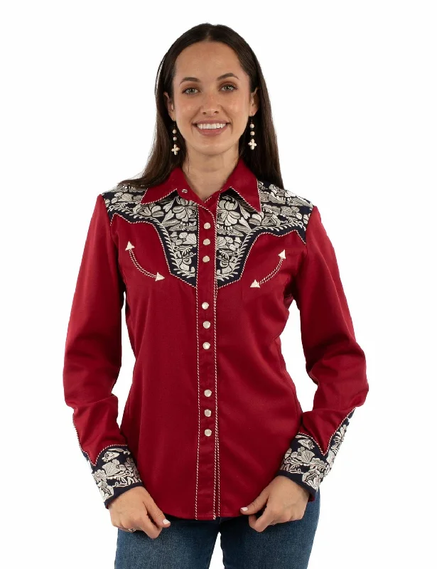 Scully Womens Floral Yoke Embroidery Red/White/Blue Poly/Rayon L/S Shirt L Relaxed Fit Short Tunic