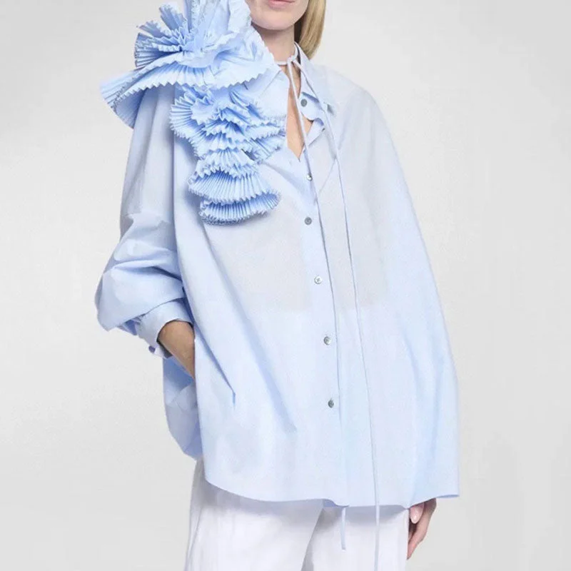 Sculptural Pleated Petal Pointed Collar Long Sleeve Button Down Oversized Shirt Trendy Turtleneck Short Shirt