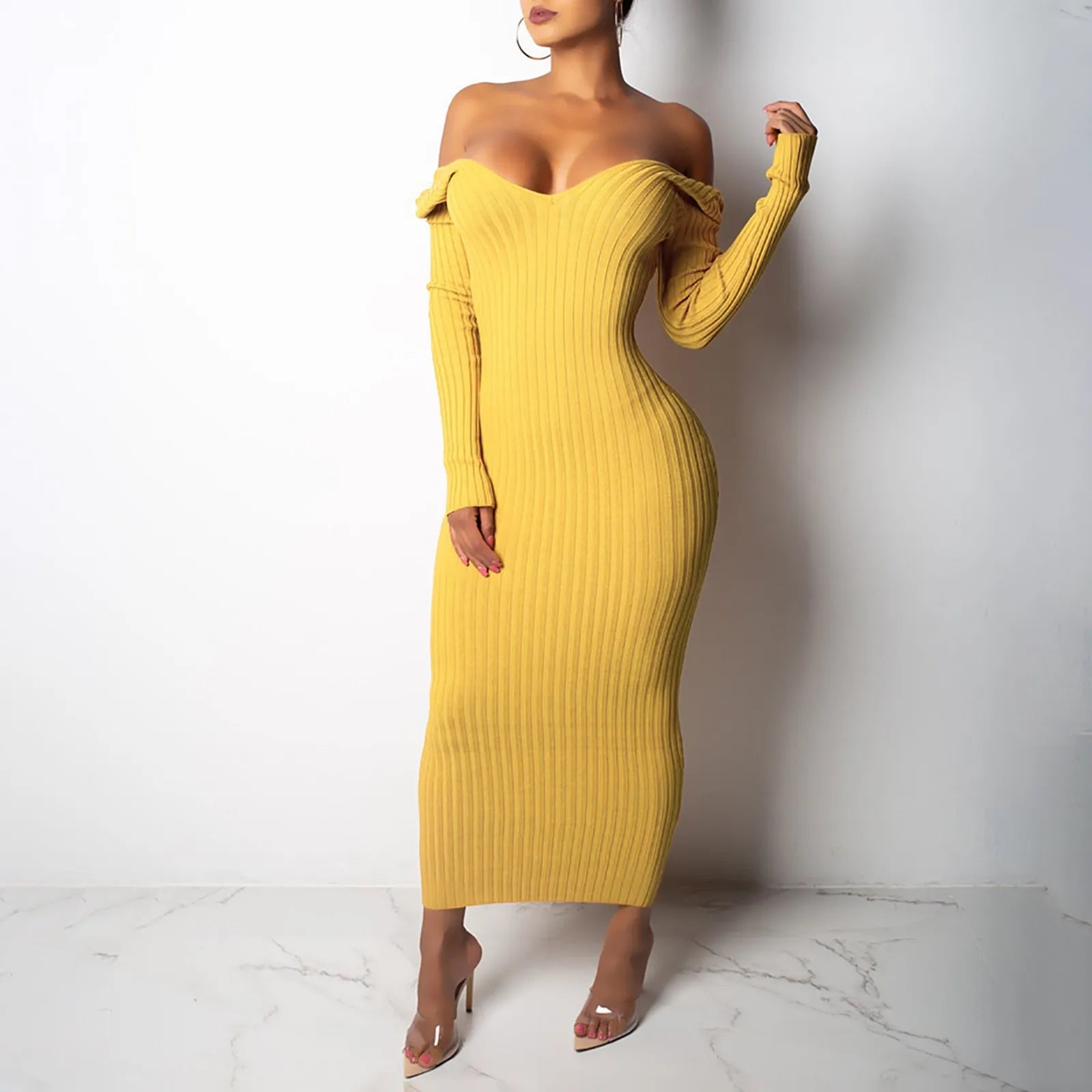 DressBetty - 2024 Sexy Deep V Neck Off Shoulder Rib Knit Midi Dress Elegant Pleated Sleeve Midi Dress