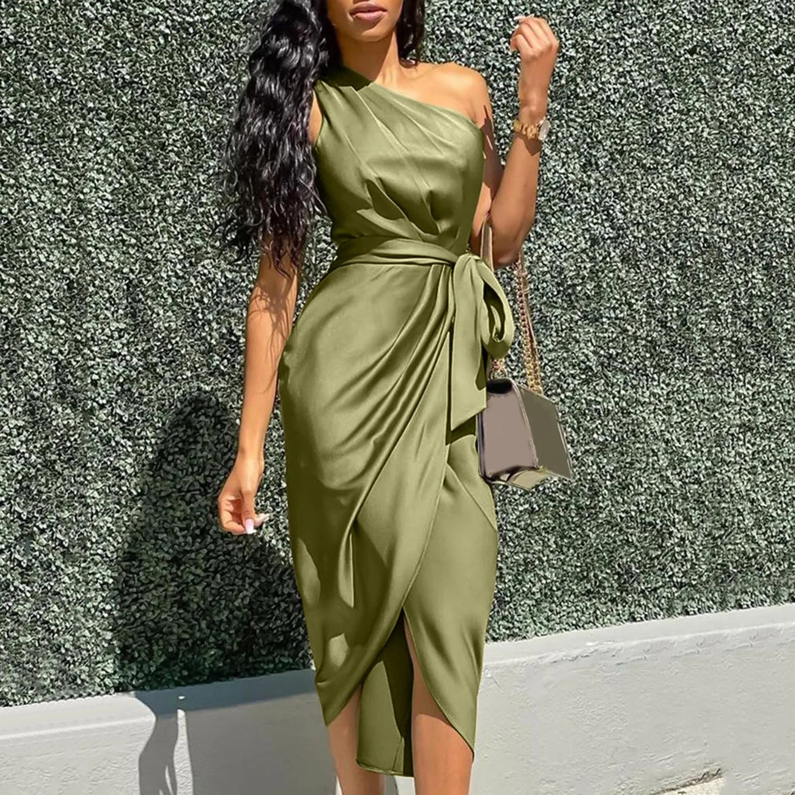 DressBetty - 2024 Sexy Green Asymmetrical One Shoulder Satin Ruched Midi Dress Comfortable Deep V Midi Dress