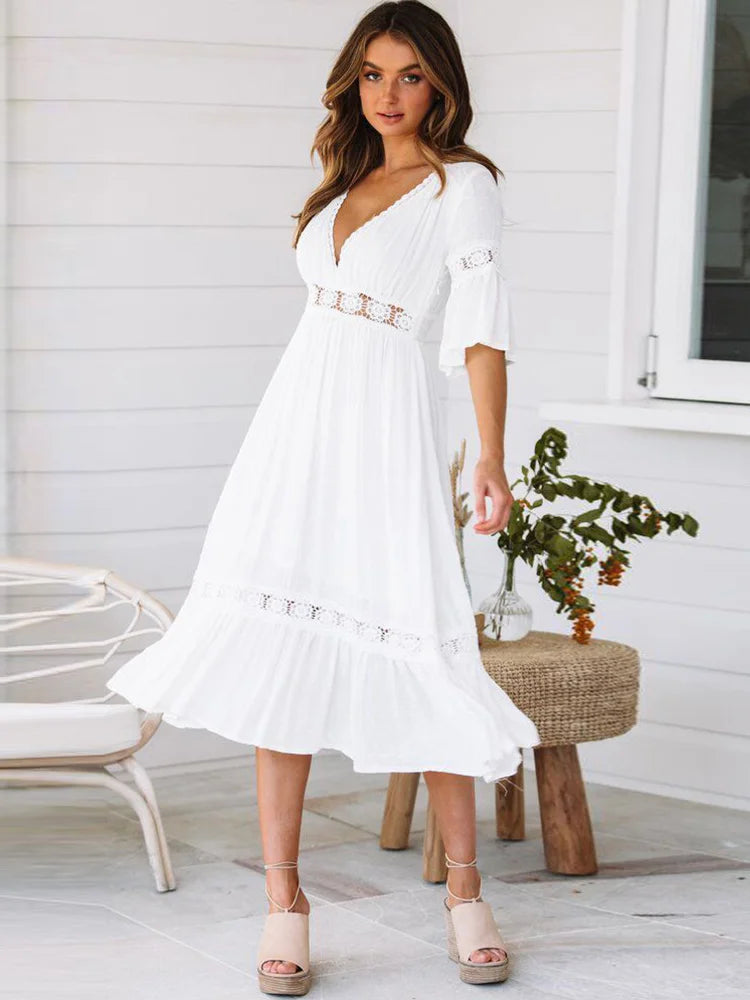 DressBetty - 2024 Sexy V Neck Lace Splice Boho Midi Dress Trendy Mock Neck Midi Dress