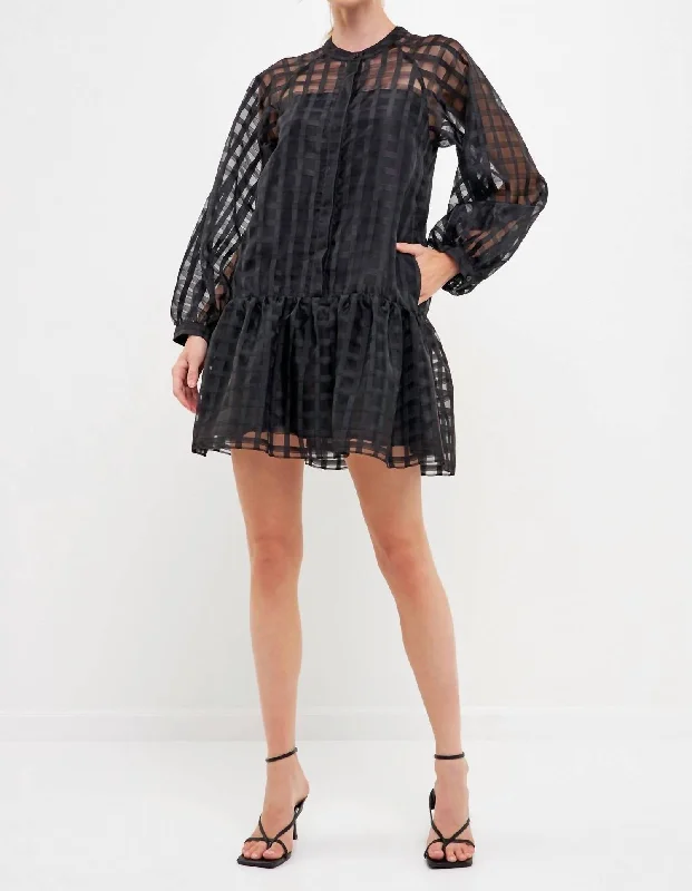 Sheer Checkered Organza Long Sleeve Mini Dress In Black Fashionable Party Mini Dress