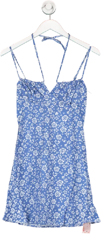 SHEIN Blue Floral Print Strappy Mini Dress UK XS Stylish Puff Sleeve Mini Dress