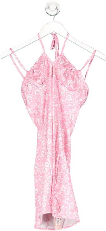 SHEIN Pink Floral Print Mini Dress UK XS Trendy Button-Detail Mini Dress