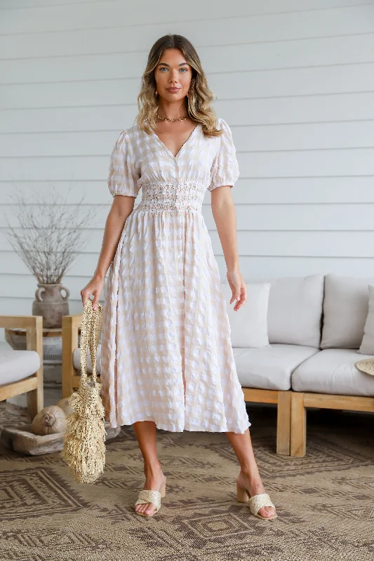 Shirred Button Through Check Midi Dress - Latte Comfortable Deep V Midi Dress